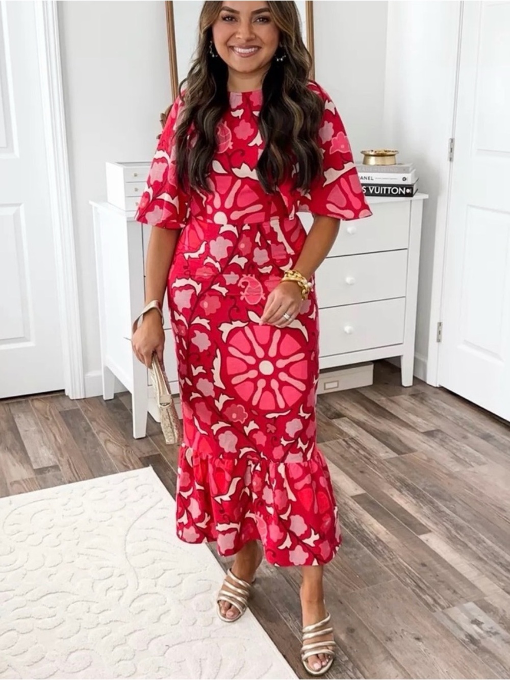 🩷 RHODE Red and Pink Abstract Floral Size 14 dress. NWOT. Linen blend.